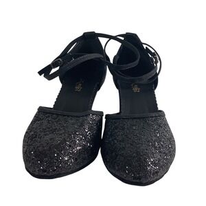 Black Glitter Ballroom Dance Shoes Double Ankle Strap Kitten Heel Size 42